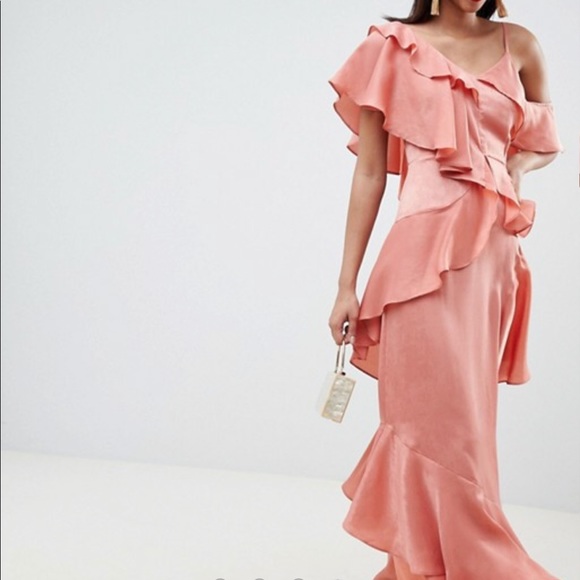 satin ruffle maxi dress